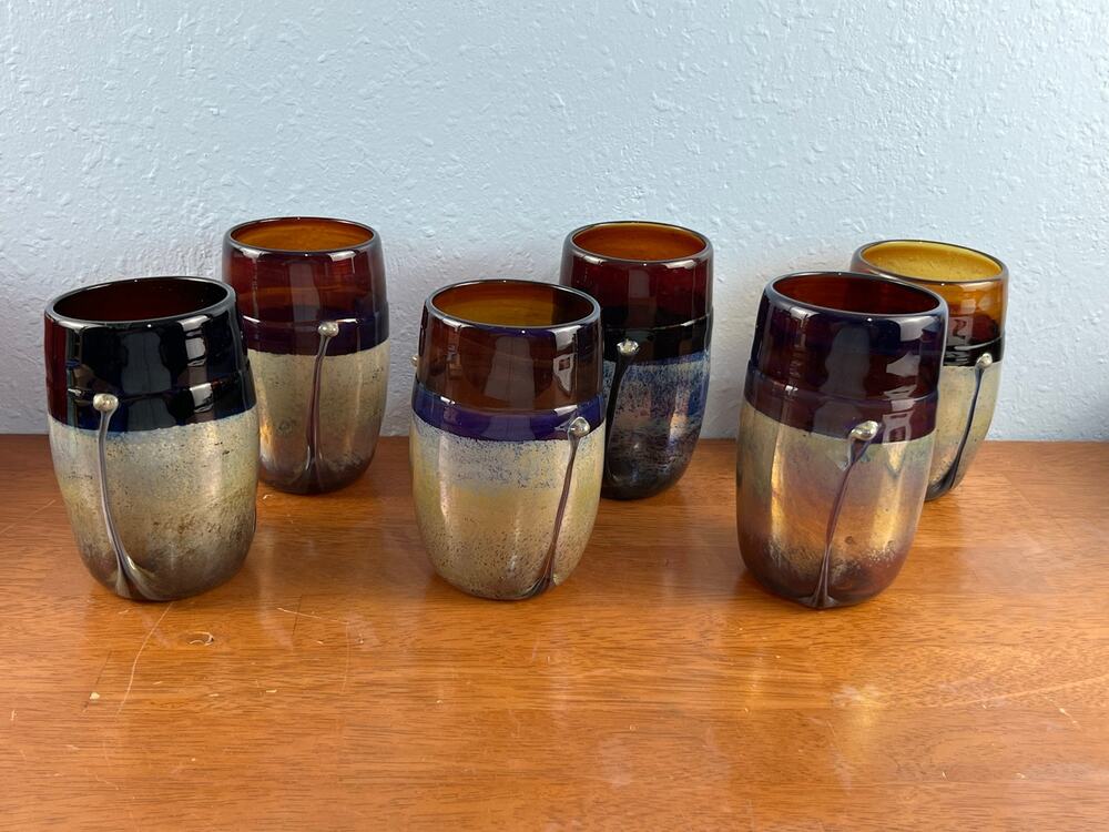 VTG Frederck Warren Art Glass Tumblers Set of 6 Amber Cobalt Iridescent